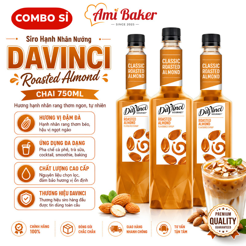 [Combo 3, 6 Chai] Siro Davinci Hạnh Nhân Nướng (Roasted Almond) Chai 750ml