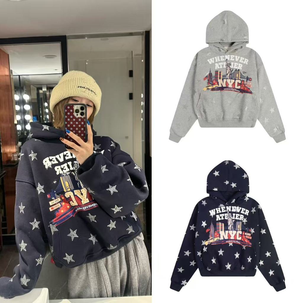Whenever Thickened composite fleece hoodie with star print and the Statue of Liberty design, unisex 
