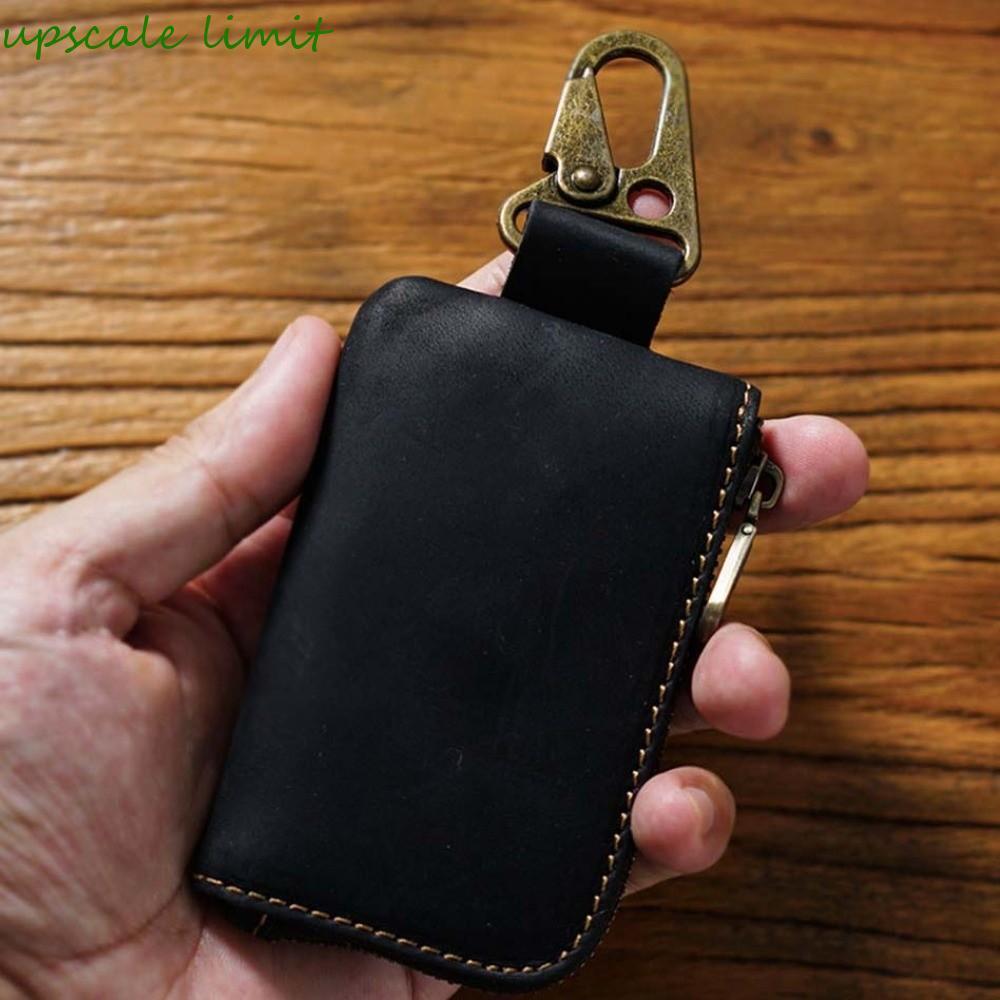 UPSCALE LIMIT Key Fob Holder, Da bò chính hãng Đồng thau cổ Carabiner Crazy Horse Leather Wallet, Sợ