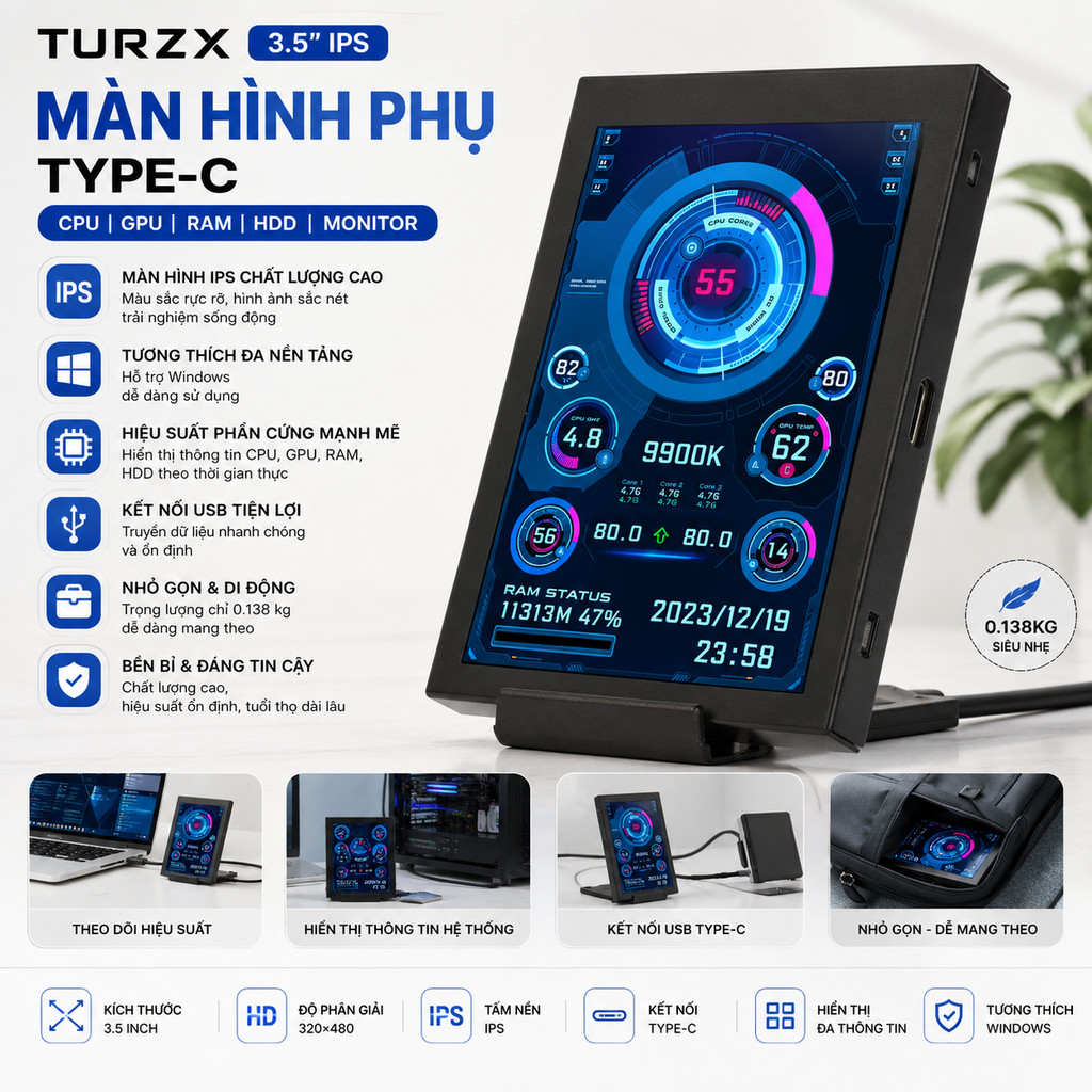 Màn hình phụ 3,5 inch Ips Type-c cho máy tính Cpu Gpu Ram HDD Monitorusb Display với khả năng