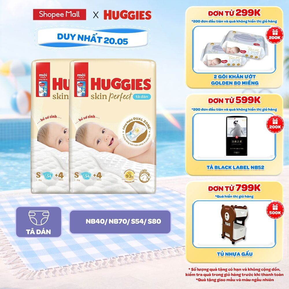 Combo 2 Tã dán sơ sinh Huggies Skin Perfect NB40/NB70/S54/S80