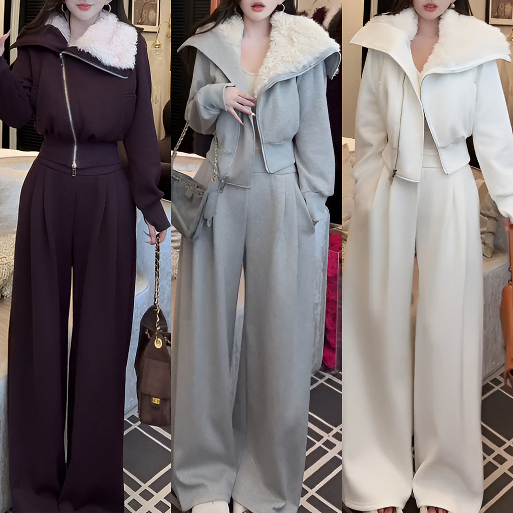 Cửa hàng Zhuzhu - Bộ đồ dày lót lông cừu thời trang, áo khoác và quần ống rộng, phù hợp cho mùa đông