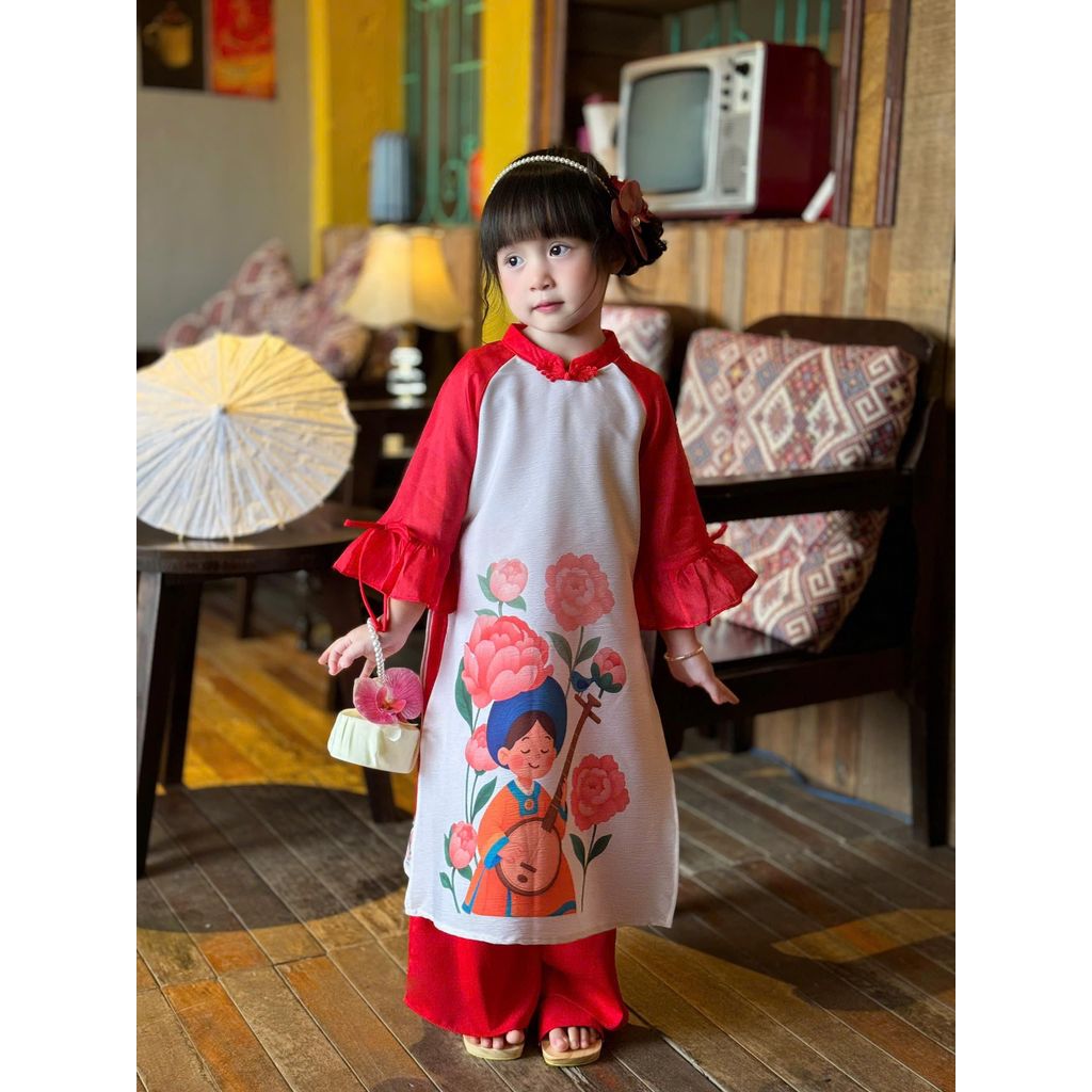 [JUNE withlove] AD16 - Áo Dài Bé Gái Tay Nhún Đỏ In Hình Dễ Thương – Chất Vải Mềm Mịn, Mặc Tết Xinh 