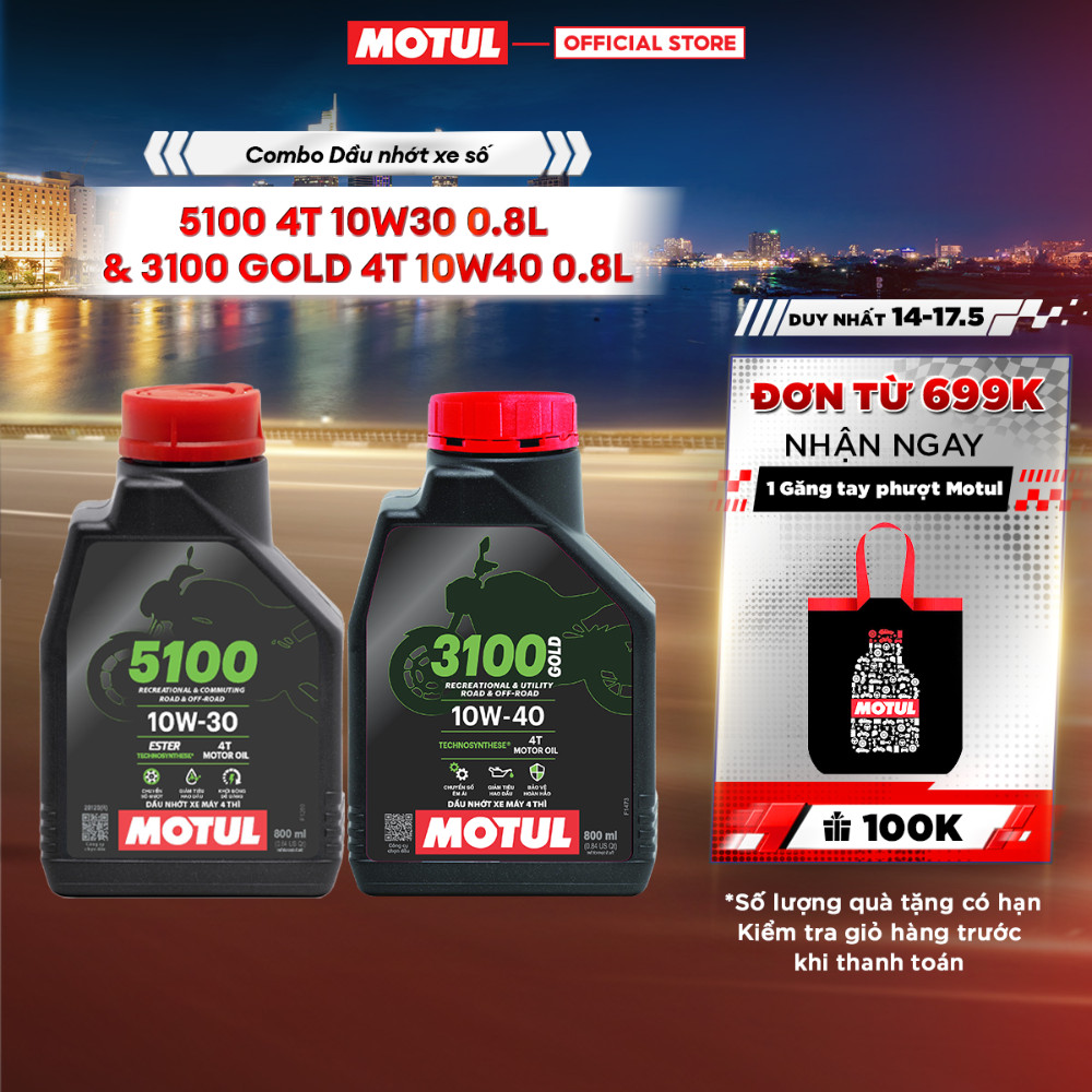 Combo Dầu nhớt xe máy MOTUL 5100 4T 10W30 0.8L và Dầu nhớt xe máy MOTUL 3100 GOLD 4T 10W40 0.8L