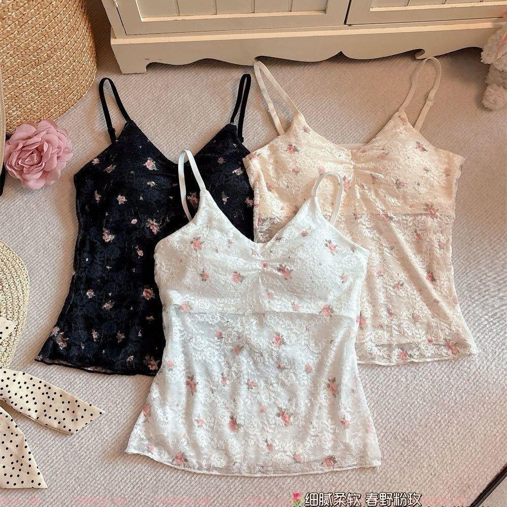 [Wangduoge] Áo yếm hoa ren Hot girl ngọt ngào có miếng đệm ngực Slim-fit Slimer Look Inner Wear Oute