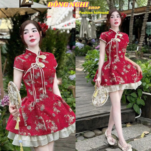 Đầm TẾT 2026, đầm Quảng Châu, đầm thiết kế kiểu Trung Hoa nút tàu phối bèo Voan 2 lớp cao cấp