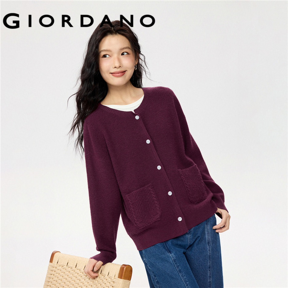 GIORDANO WOMEN Double pockets crewneck cardigan 13355756