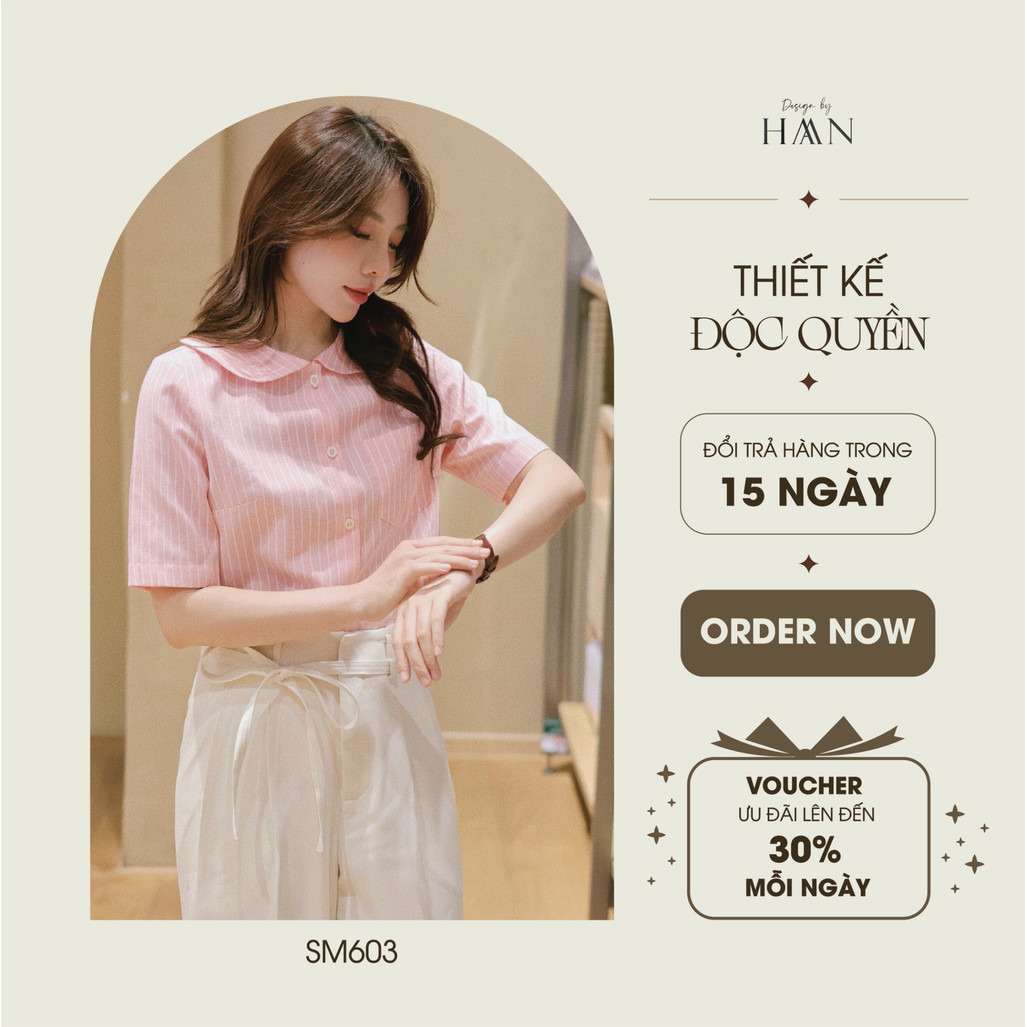 Áo Sơ Mi Nữ Ngắn Tay Cổ Sen Kẻ Hồng, Vàng Style Dịu Dàng HAAN DESIGN SM603