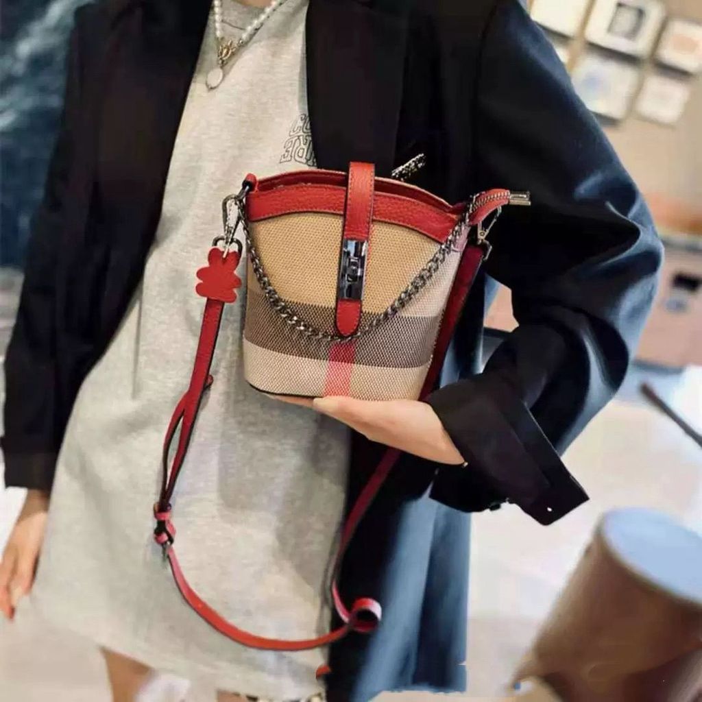 [Phong Cách Mới Giảm Giá] Da Thật Chính Hãng Có Dây Xích Vải Kẻ Sọc Thời Trang Đeo Ngang Khâu Xô Túi Kẻ Sọc Tính Khí Túi Nữ