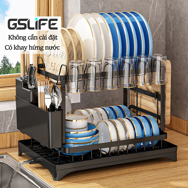 GSlife Kệ Để Chén Bát Đĩa Thép Carbon Kệ Để Đồ Nhà Bếp 3 Tầng Có Khay Hứng Nước Đa Năng Tặng Kèm