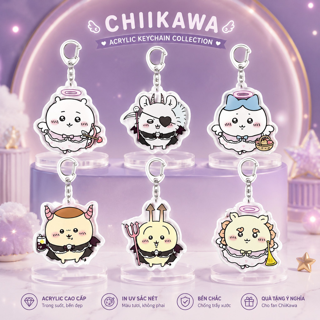 Móc khoá acrylic Chiikawa, móc khoá hai mặt Chiikawa, gồm các nhân vật Hachiware, Usagi, Momonga – m