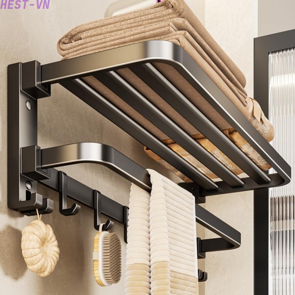 Towel Rack with Shelf Foldable Bar and Hooks for Wall Mounted Towel Organization