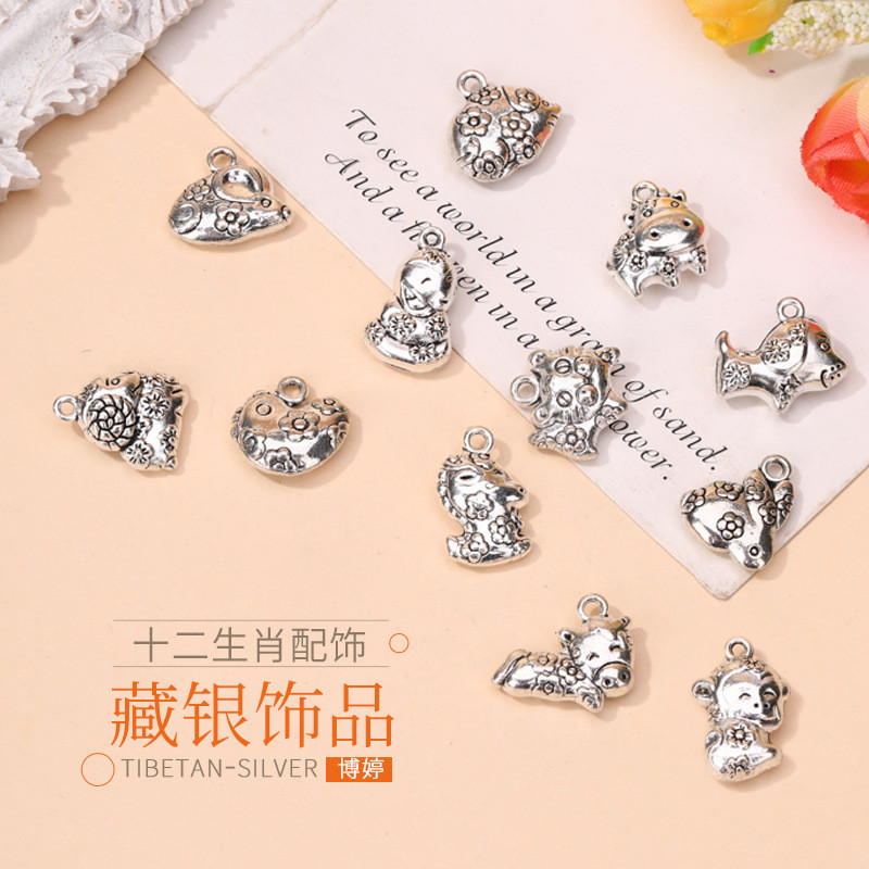 Tây Tạng Bạc Hai Mặt Cung Hoàng Đạo Phụ Kiện Handmade Tự Làm Mặt Dây Chuyền Cung Hoàng Đạo Đính Hạt 