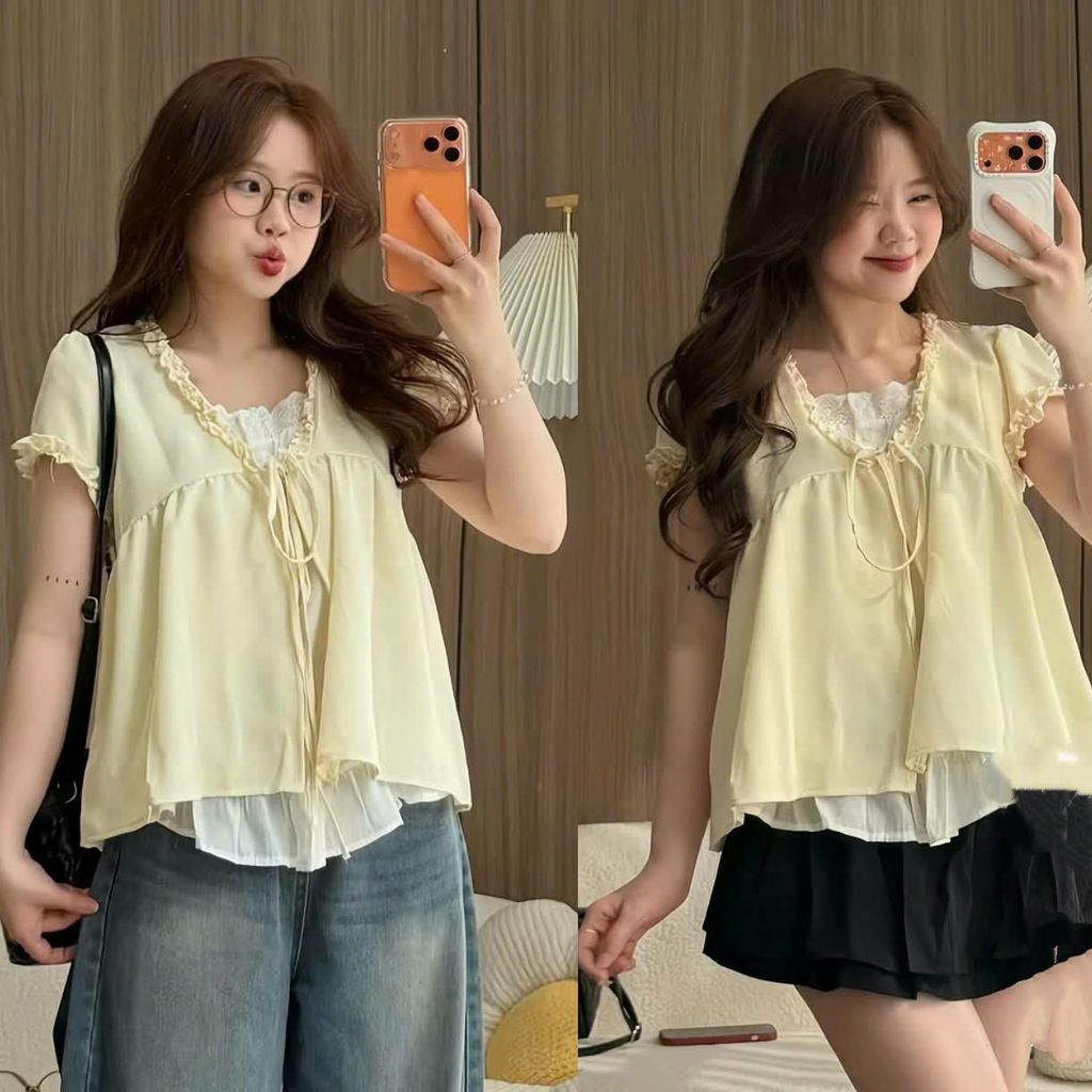 Áo form babydoll dễ thương chất đũi hàn tay ngắn cổ V phối ren bèo 2 lớp nhiều màu hot hit. HÀNG MỚI VỀ | BigBuy360 - bigbuy360.vn