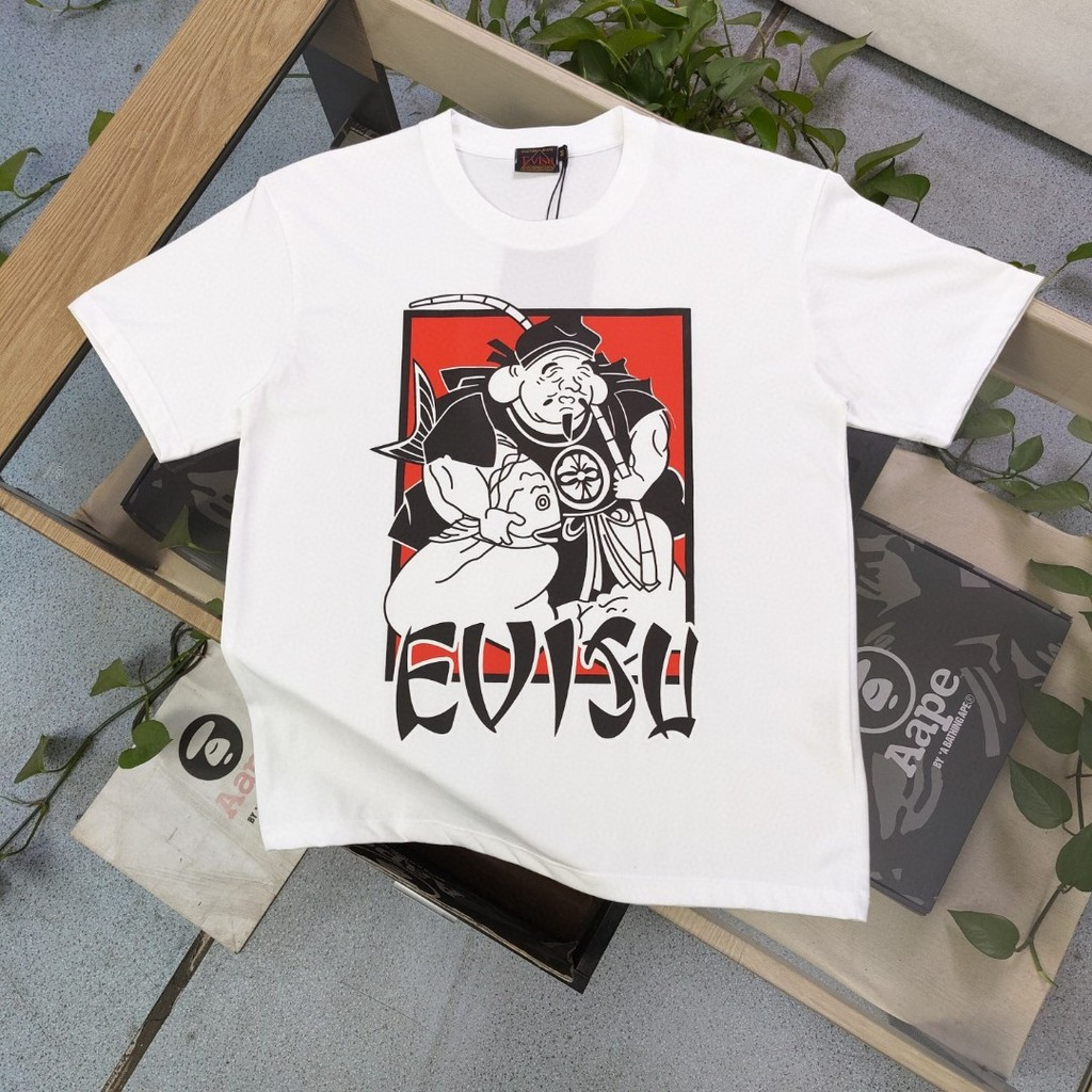 EVISU / Fushen 2026 Cổ Tròn Ngắn Tay Cổ Điển Nam Nữ Phong Cách Đáy Đáy Áo Sơ Mi Phong Cách Đường Phố