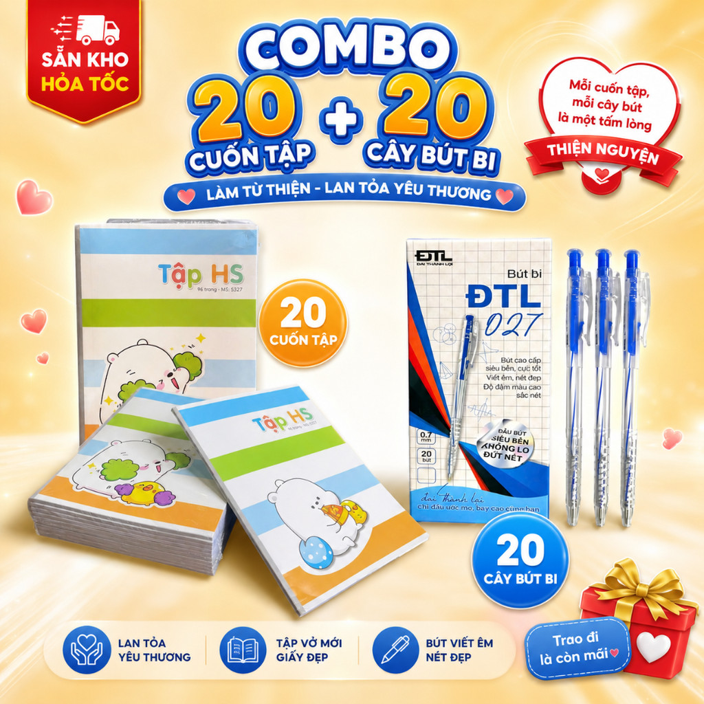 (Sẵn kho-Hỏa tốc) Combo 20 cuốn tập+ 20 cây bút làm từ thiện, tập vở thiện nguyện