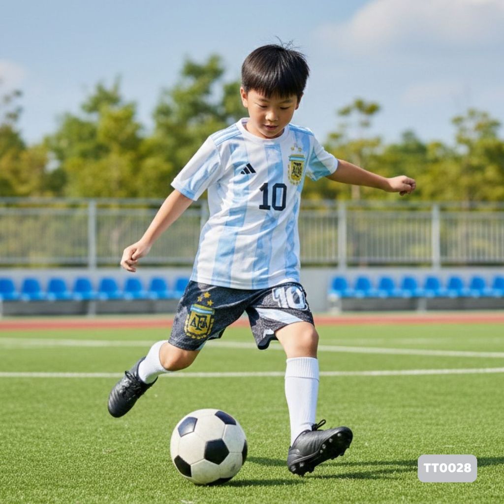 Đồ bộ đá banh in 3D hình cầu thủ Messi thấm hút mồ hôi TT0028 size 20-60kg. KunKun Kids