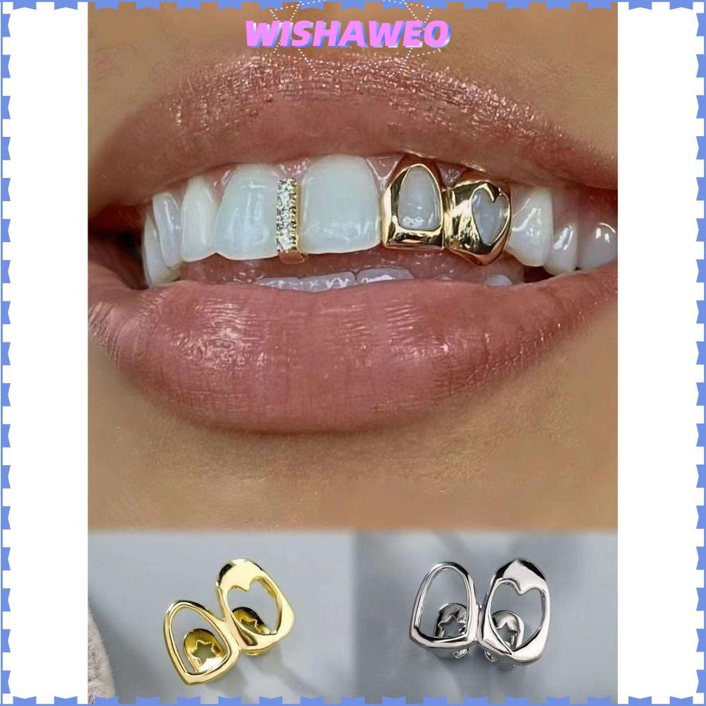 WISHAWEO Hip Hop Răng Grillz, Màu Vàng Sáng Bóng Grillz, Đồng Rỗng Trái Tim Đôi Trái Tim Răng Mũ Nữ