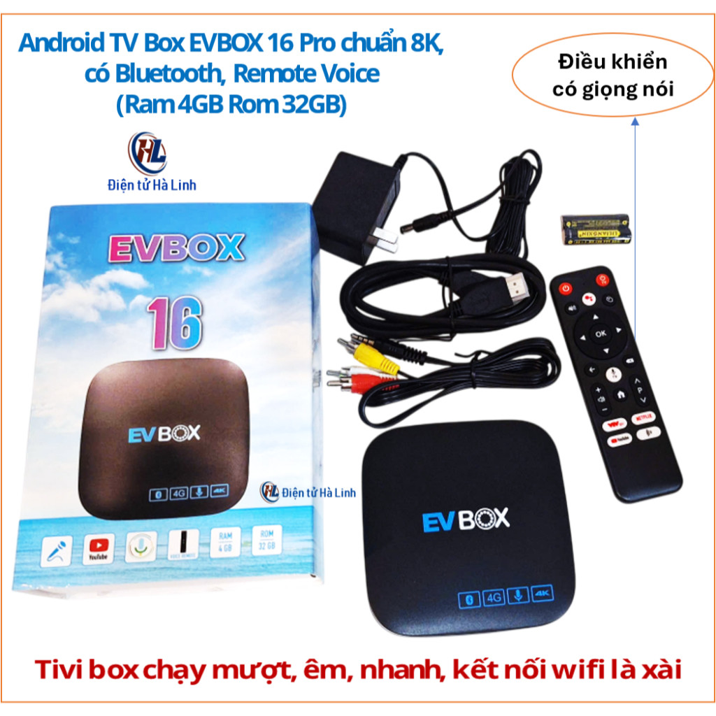 Box Tivi EVBOX 16 - Ram4G/Rom 32G Chuẩn 8K Có Bluetooth, Điều khiển có giọng nói Xem Youtube, Xem Tr