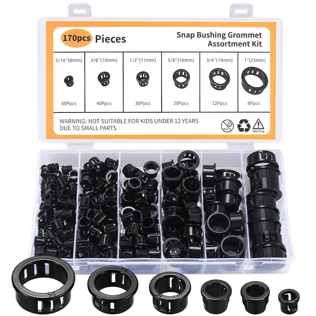 170 Chiếc Cáp Snap Bushing Grommets, Đen Tròn Nylon Snap in Cable Grommet Protector, 5 / 16 "3 / 8" 