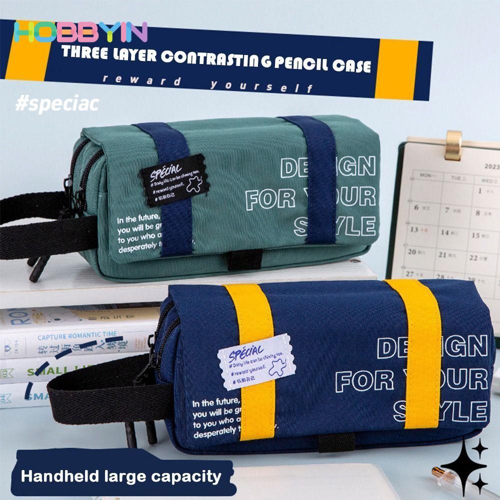Bút Chì HOBBYIN, Túi Đựng Bút 3 Lớp Di Động, In Chữ Chống Bụi Bẩn Bền Đẹp Bút Dung Tích Lớn Học Sinh