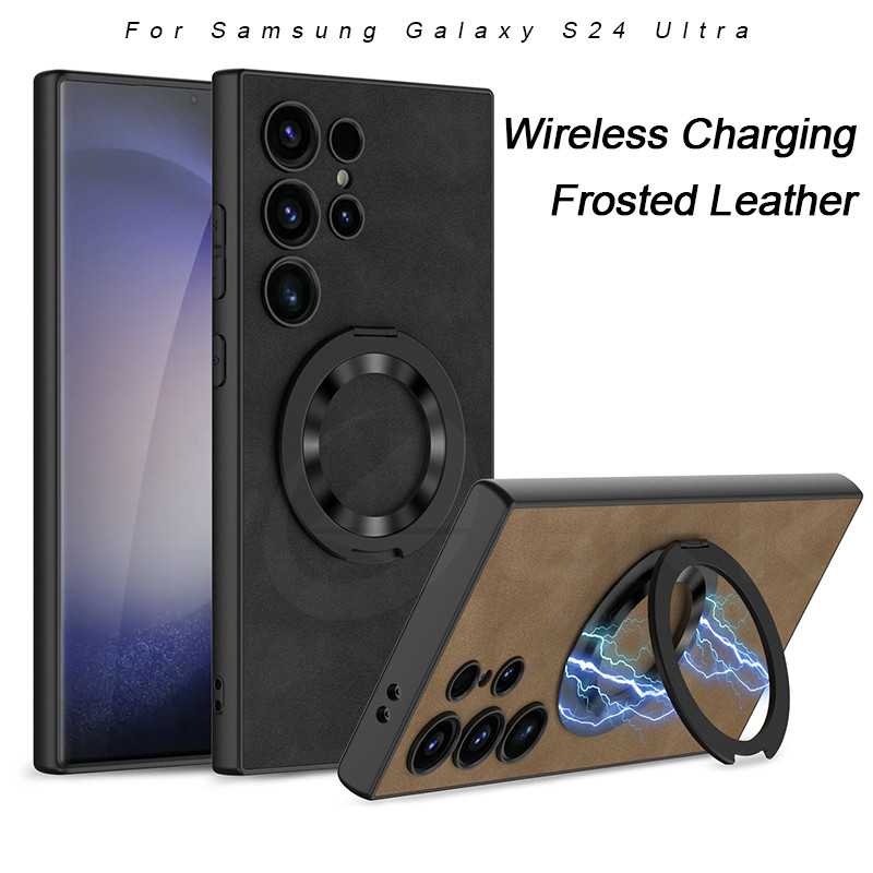 LUKEN Frosted Leather Bracket Case Cho Samsung Galaxy S25 S24 Ultra Cho Sạc Không Dây Mềm Cho Galaxy