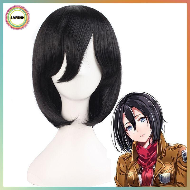 SAFENH Tóc Giả Cosplay Mikasa Ackerman - Màu Đen, Kiểu Ngắn Bob, Chống Nhiệt + Mũ