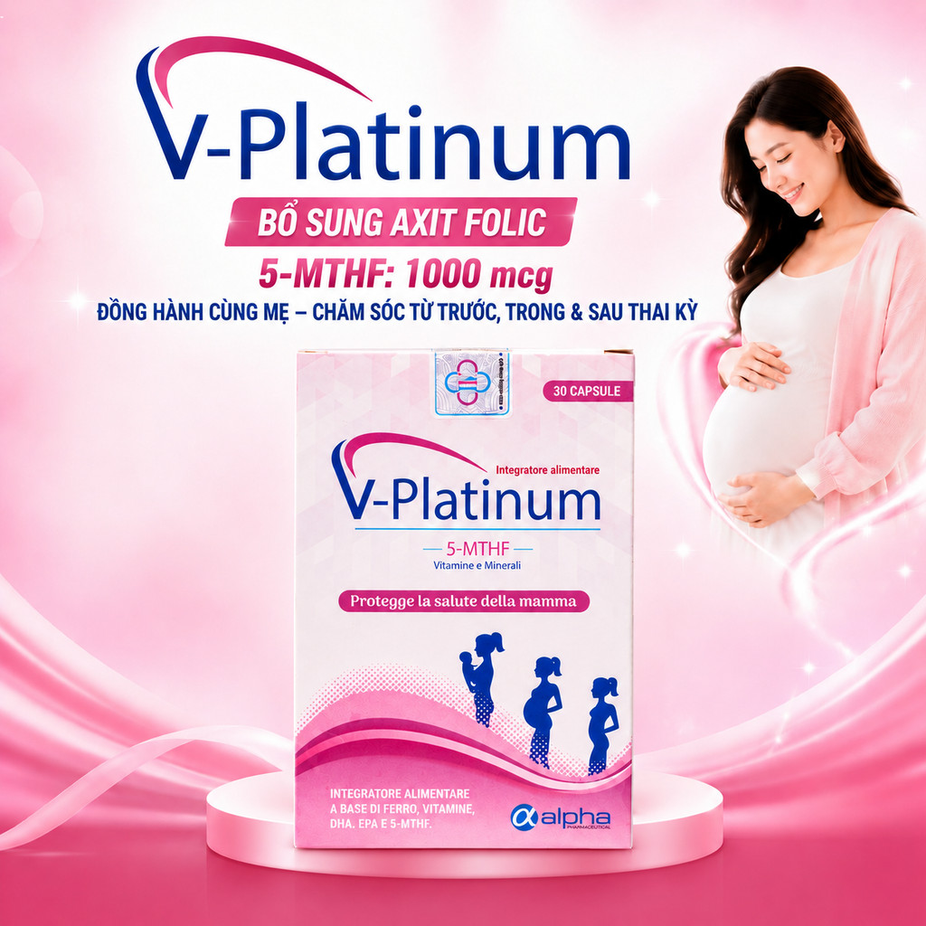 Viên Uống Bổ Sung Acid Folic, V Platinum, 5 MTHF, Folate Hoạt Tính 1000mcg,  Cho Mẹ Bầu, Chuẩn Bị Ma