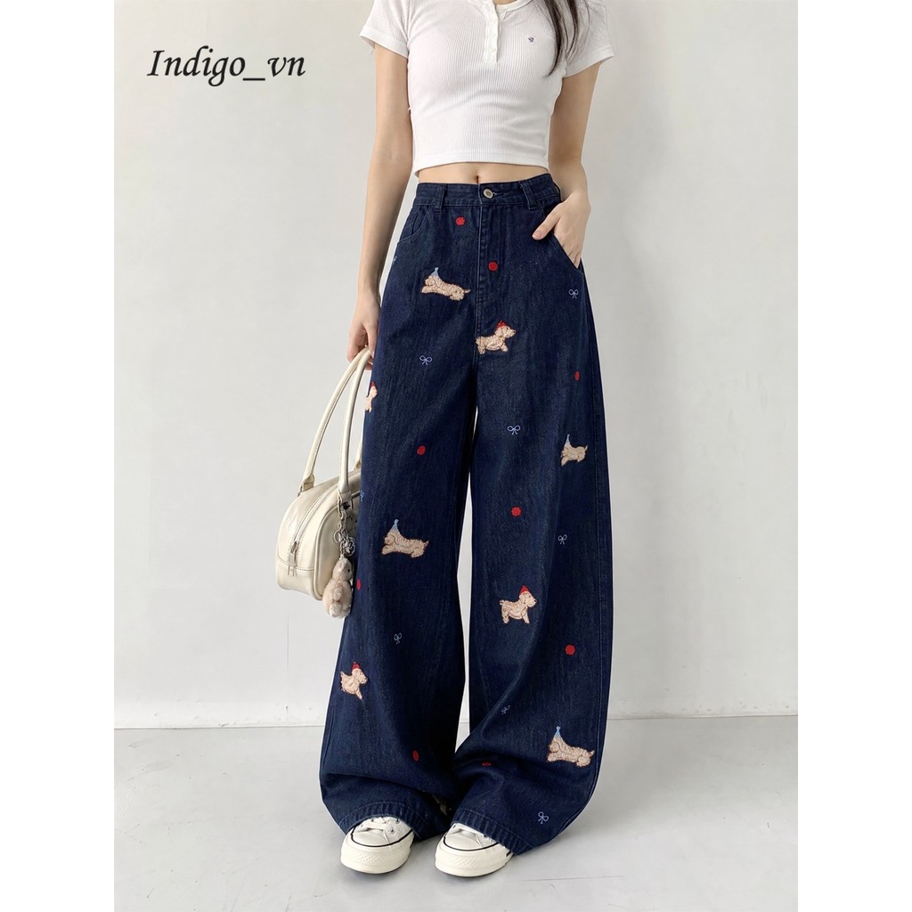 【Indigo】Quần Jean Ống Thẳng Thêu Con Chó Con Màu Xanh Cổ Điển Của Mỹ