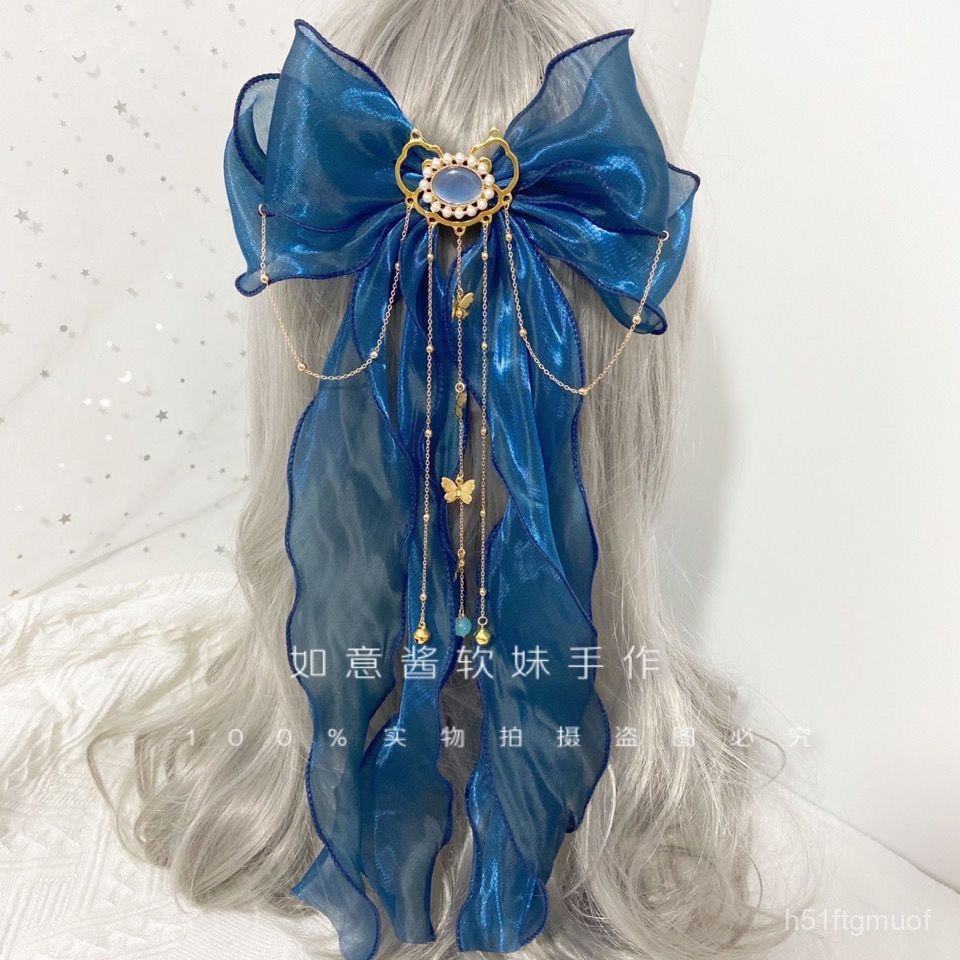 Nơ lớn màu xanh có ruy băng Lolita Phụ kiện tóc kiểu Trung Quốc Hanfu nhỏ, kẹp tóc, phụ kiện Lolita.