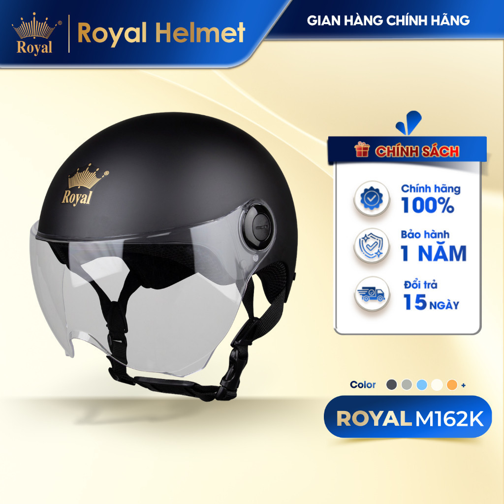 Mũ Bảo Hiểm Nửa Đầu Nam Nữ Royal M162K Chính Hãng, Kiểu Dáng 1/2 Có Kính Chống Nắng Bảo Hành 1 Năm