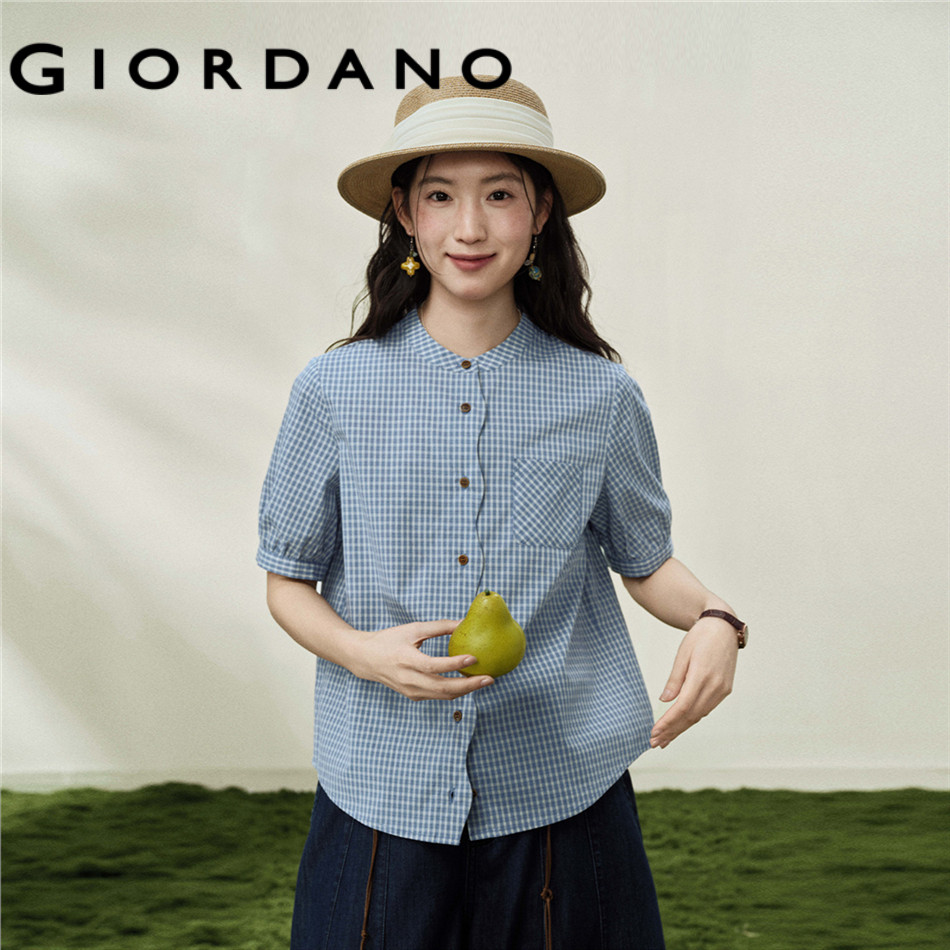 GIORDANO WOMEN Pure cotton checkered wave edge collar woven shirt. - High Quality 18346709