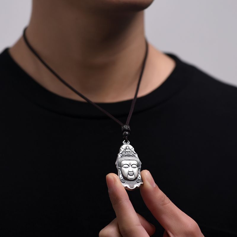 Luotai Old Silversmith S999 Sterling Bạc Quan Âm Đầu Mặt Dây Chuyền Nam Phong Cách Hợp Thời Trang Ch