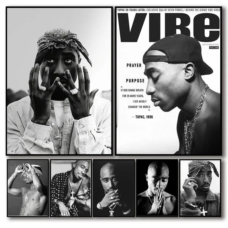 Đen Trắng Pop Hip Hop Rapper 2PAC Áp Phích Tupac Album Nhạc Bao Thẩm Mỹ Cho Phòng Tranh Canvas Nghệ 