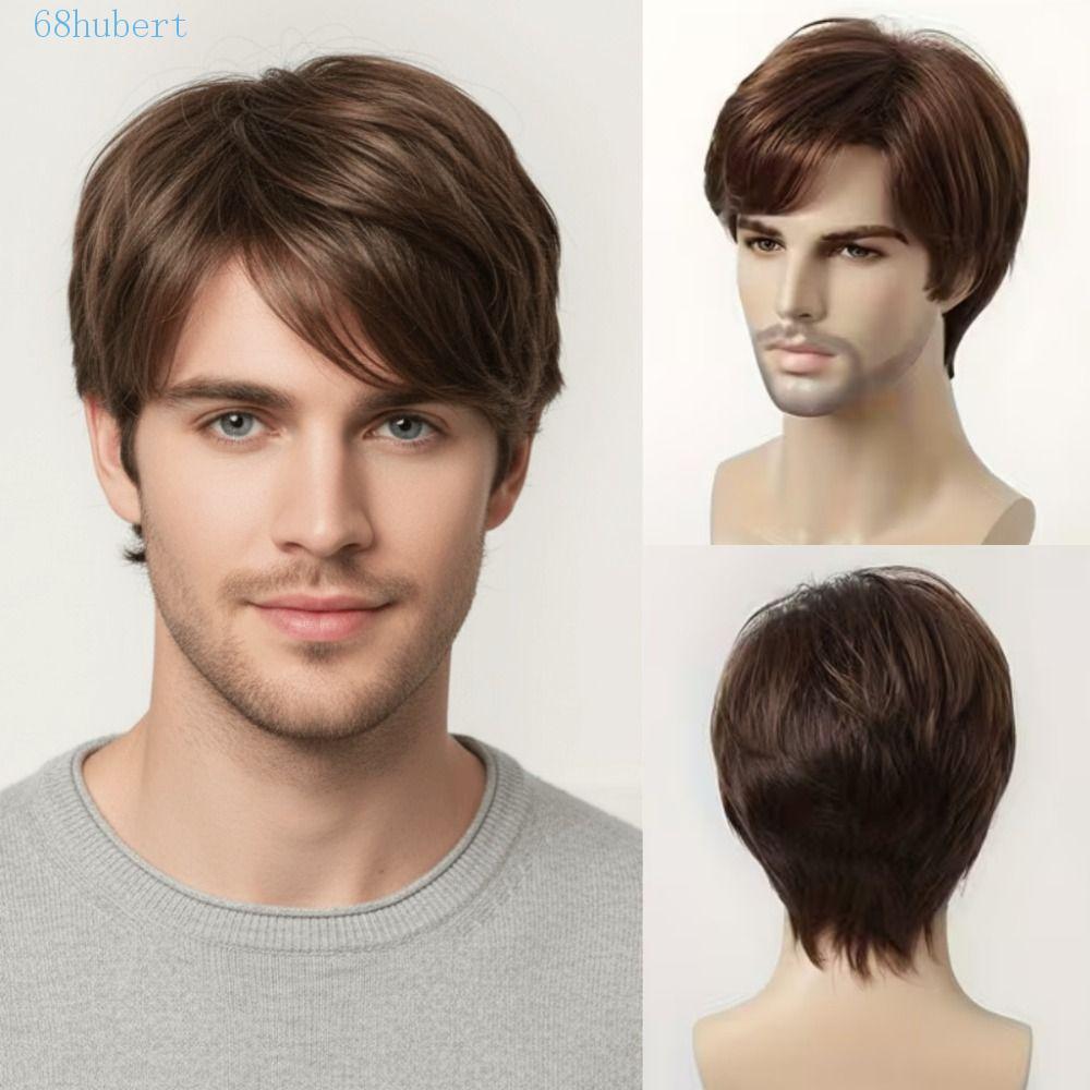 HUBERT Tóc Nam Thẳng và Xoăn Tự Nhiên, Layer Ngắn Nâu Hỗn Hợp, Thời Trang