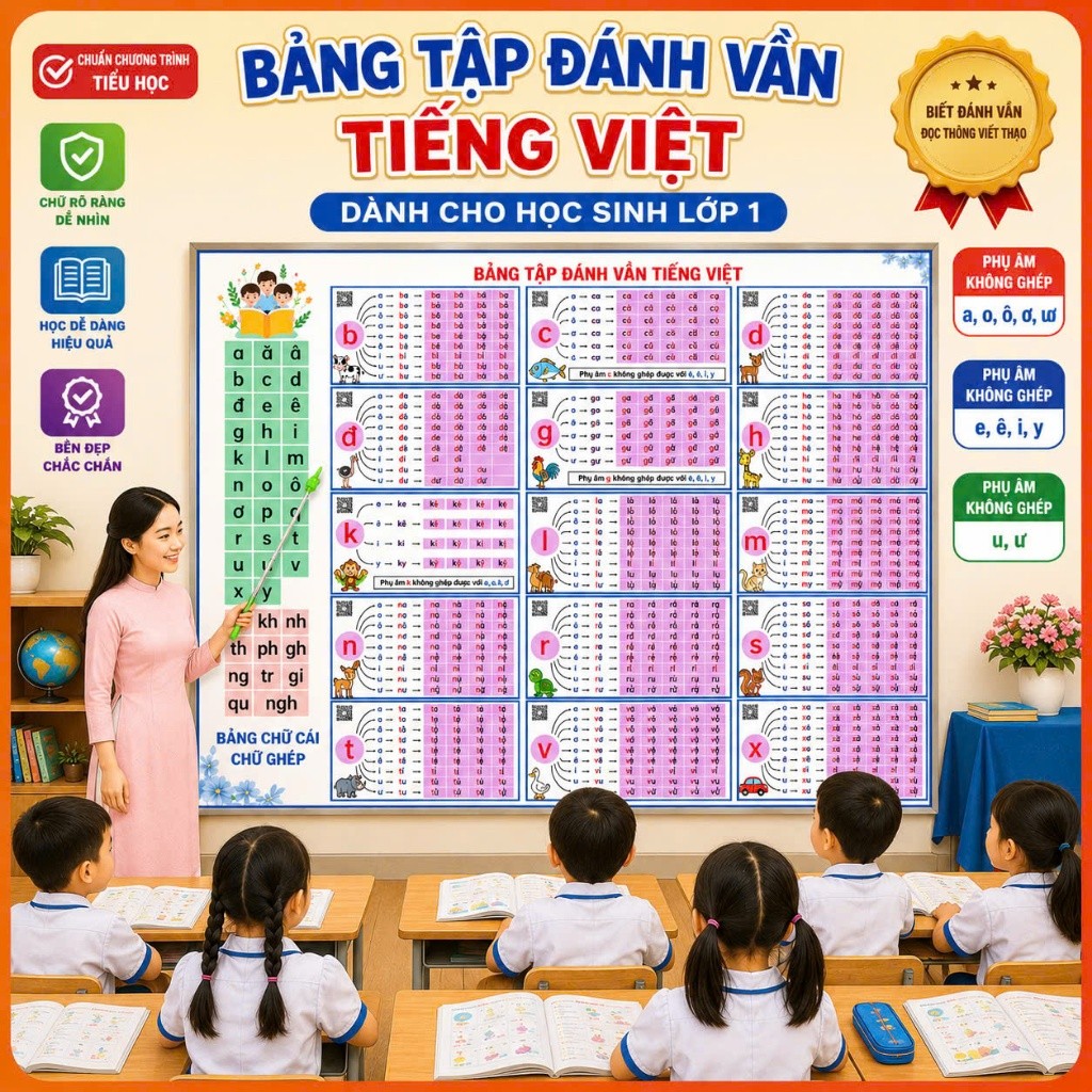 Bảng Tập Đánh Vần Tiếng Việt Cho Bé Lớp 1 Khổ A0 A1 - Học Chữ Cái & Ghép Vần