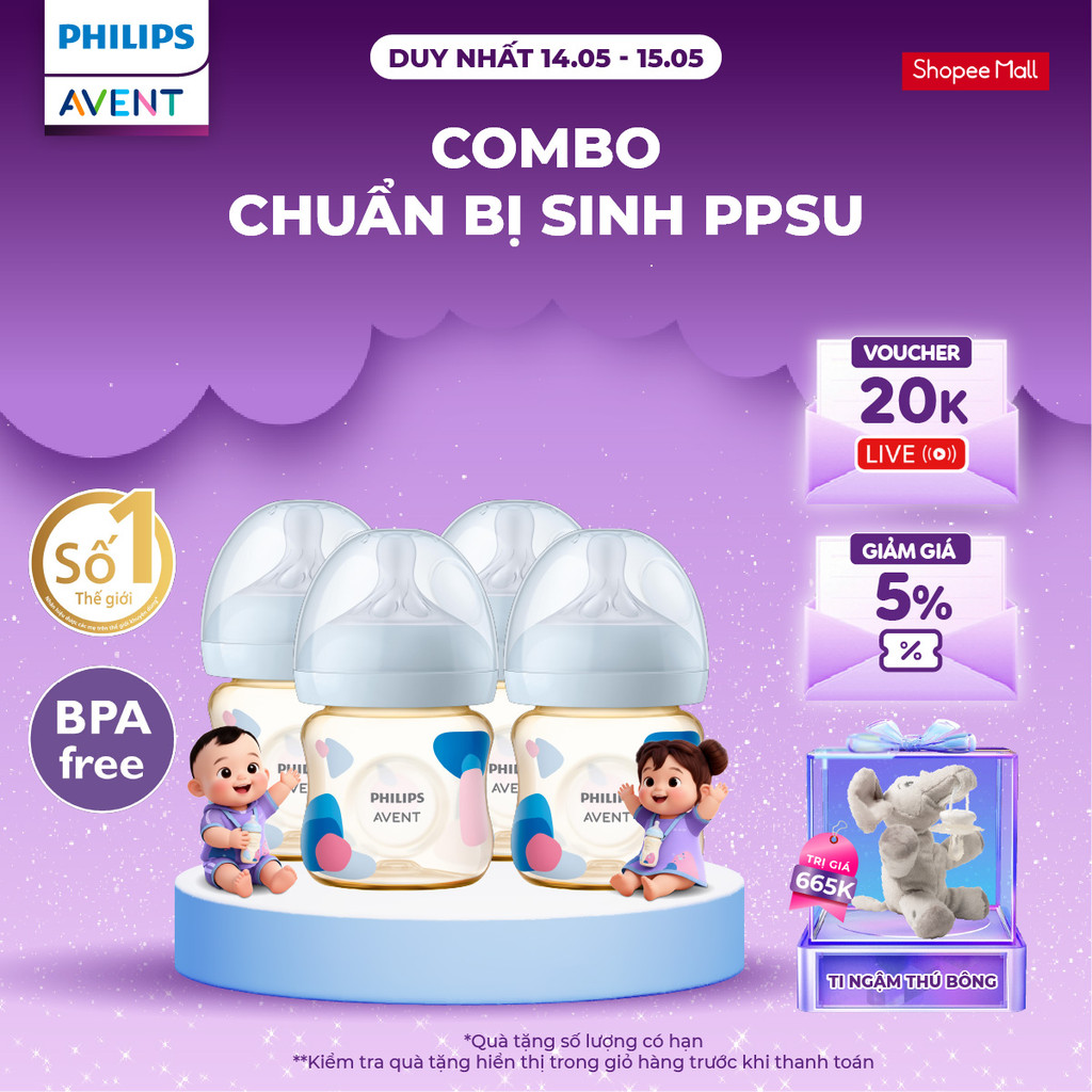 Combo chuẩn bị sinh PPSU - 4 Bình sữa mô phỏng tự nhiên PPSU Philips Avent, chống sặc, chống đầy hơi