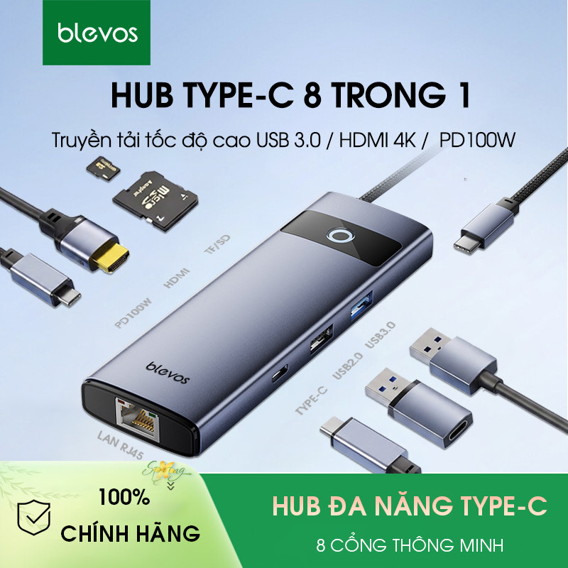 8 IN 1 Hub hia cổng USB 3.0 bộ chuyển đổi Hub chuyển đổi Type C to HDMI SD TF Hub LAN RJ45 cổng chuy