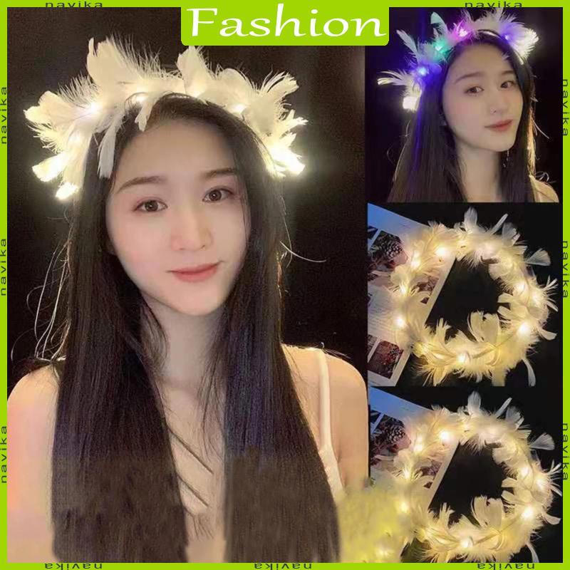 NA LED Feather Crown Feather Tiara Light Up Angel Headband Mũ đội đầu dạ quang