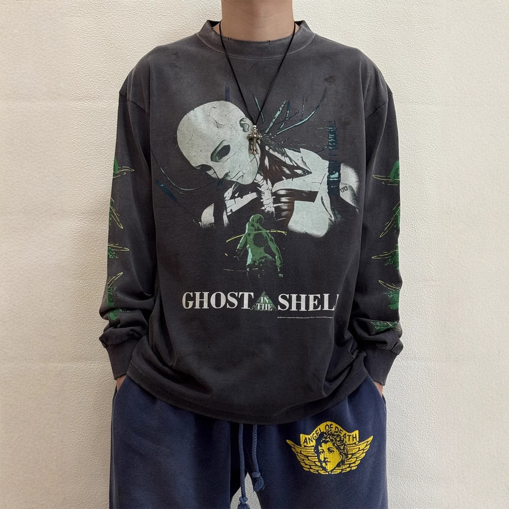 2DAK SAINT OF MICHAEL Ghost in the Shell Anime Long Sleeve vintage Washed Vintage Base Shirt T Men's