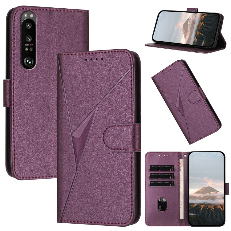 Ốp điện thoại bằng da có khóa họa tiết tam giác có sẵn cho Sony Xperia 10 VII / Sony Xperia 1 III / 