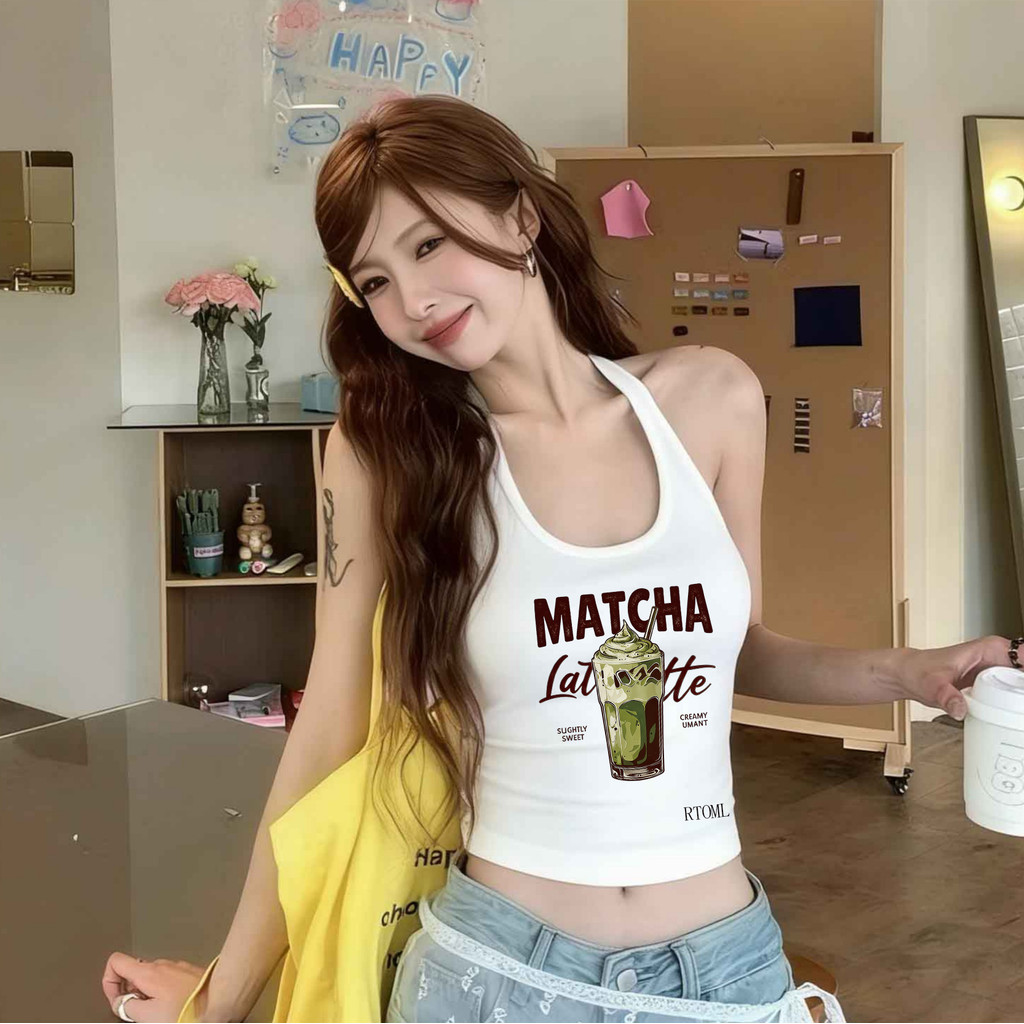COD✅ (Hồ Chí Minh)RTOML Áo hai dây nữ cổ trụ in họa tiết Matcha Latte，Áo thun ôm dáng, vải mềm mại, 