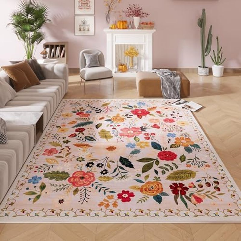 a Rug Non Slip Floral Vintage Low Pile Large Rugs for Living Room, Bedroom, Farmhouse, Dining Room, 