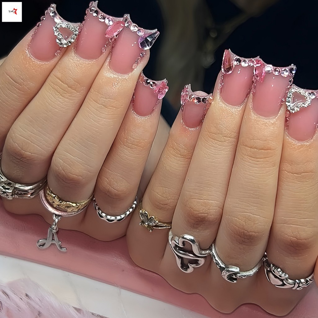 Bejeweled Mỏ Vịt Móng Tay Giả 24 Miếng Kim Cương Giả Trang Trí Nhẹ Thoải Mái Phù Hợp Cho Tiệc Cưới