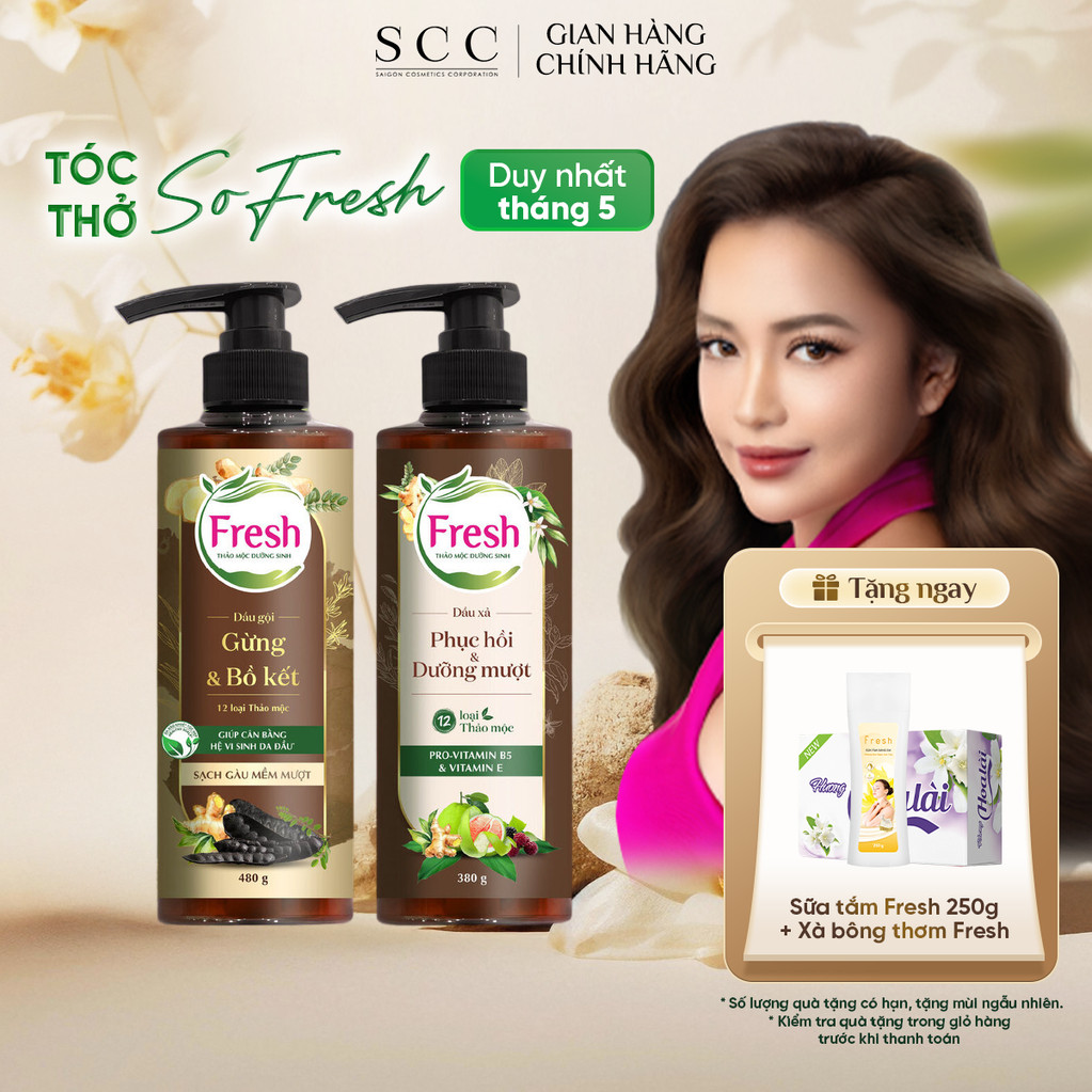 Combo Dầu Gội + Dầu Xả FRESH Thảo Mộc Dưỡng Sinh Sạch Gàu Mềm Mượt 480g + Phục Hồi Và Dưỡng Mượt 380