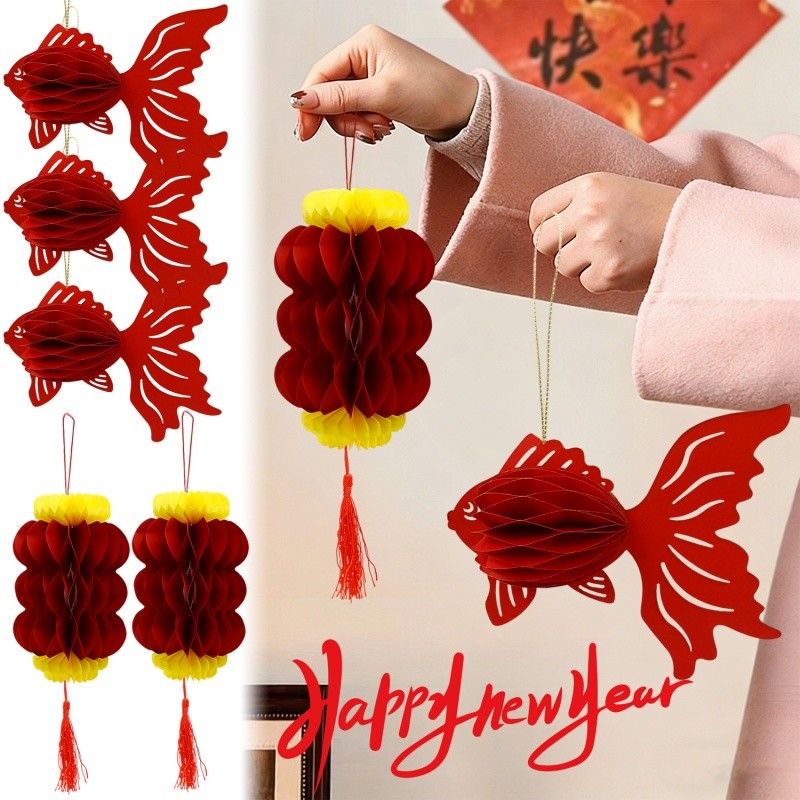 Giấy tổ ong 3D màu đỏ Origami Hình cá vàng Đèn lồng - Lễ hội mùa xuân Trung Quốc Năm mới Trang trí n