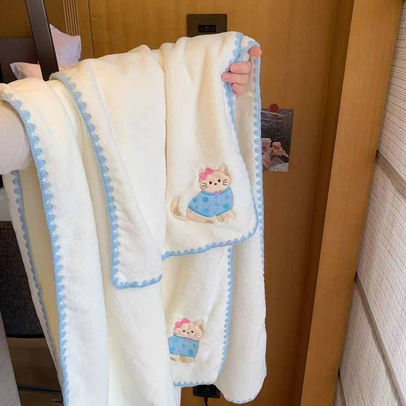 Cute Cat Three-Piece Suit of Bath Towel Water-Absorbing Quick-Drying Coral Household Towel Thickened