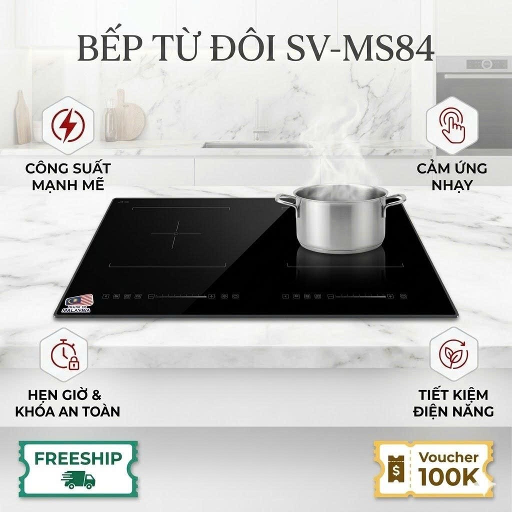 Sevilla Bếp điện từ đôi SV-MS84 Malaysia - Thiết kế sang trọng, mặt kính cao cấp, công nghệ Inverter