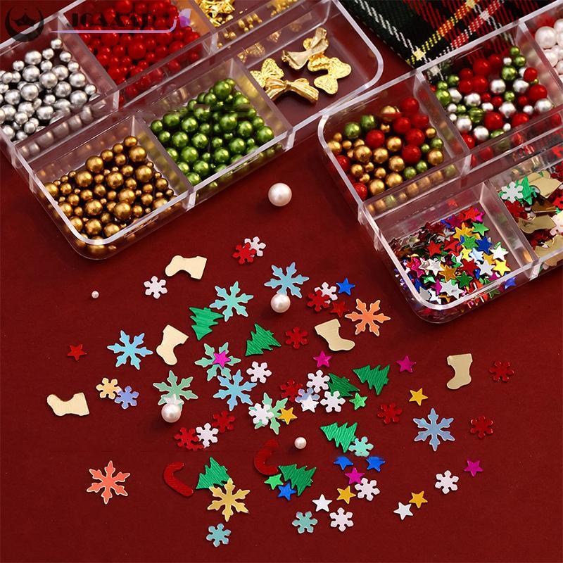 Jcaaap Giáng Sinh Đỏ / Xanh Ngọc Trai Móng Tay Kim Cương Giả Kích Thước Hỗn Hợp Ngọc Trai Hạt Nhiều 