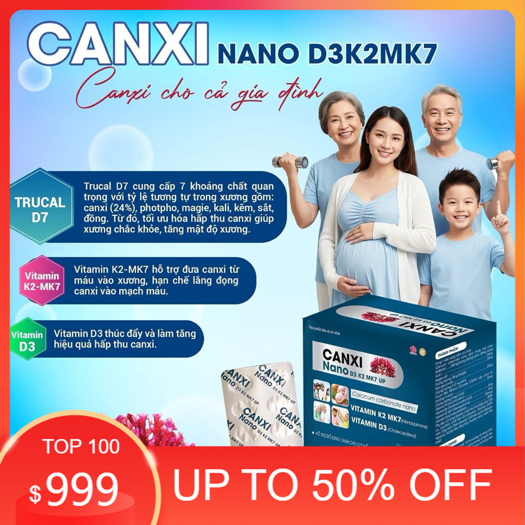 canxi nano D3 K2 MK7 UP VẠN TAM HỘP 100 viên nang mềm
